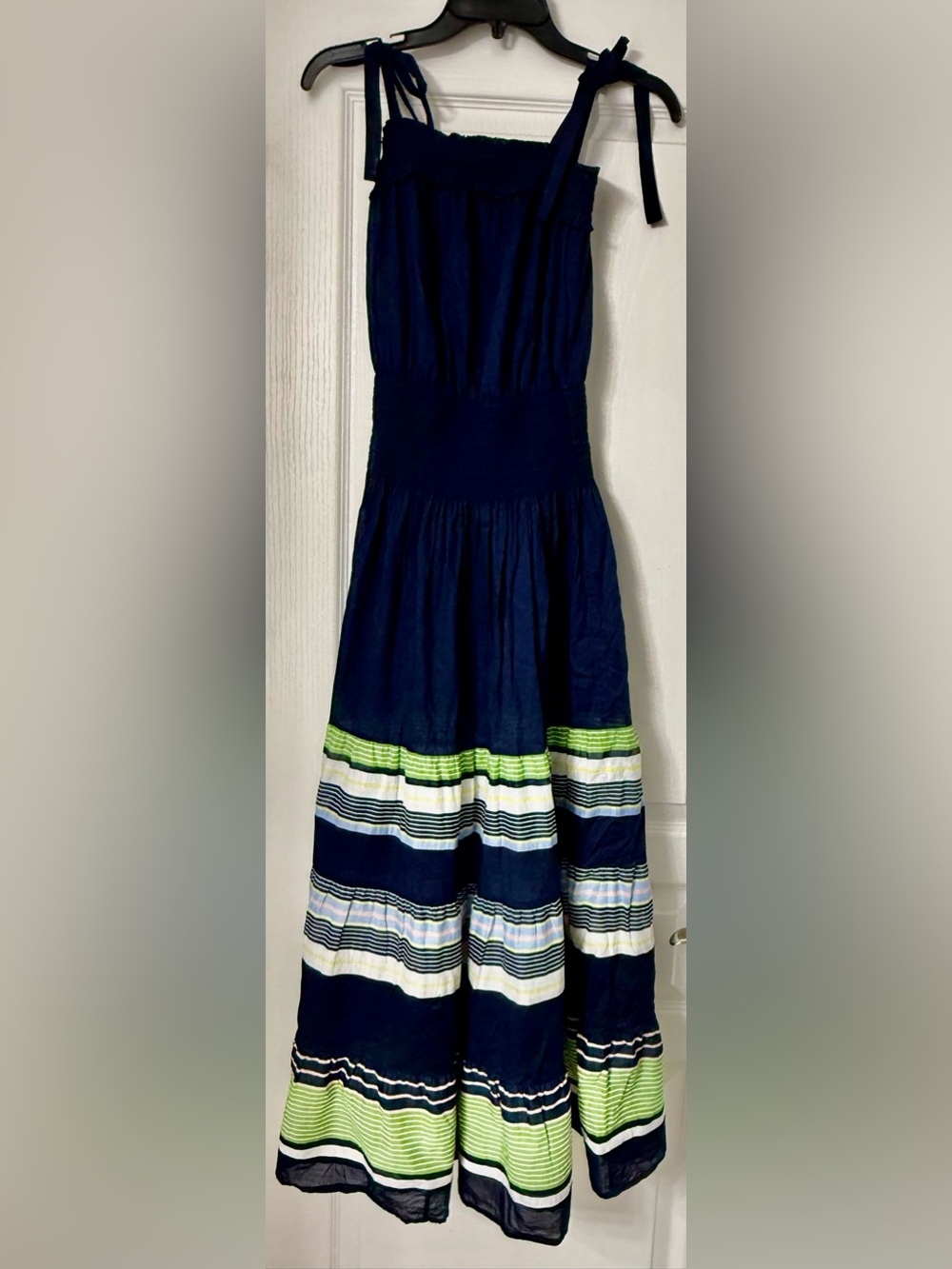 Tory Burch Navy Maxi Dress with Lime and White Striped Tiers